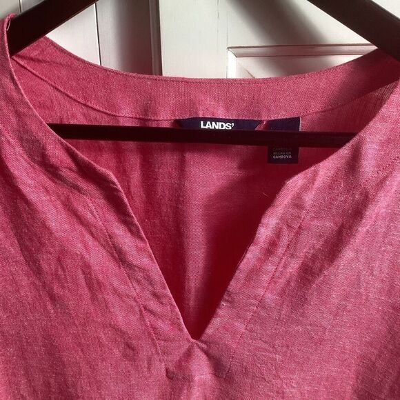Lands End Linen Blend Top Tunic Sz 1X 3/4 Sleeve Pockets Notch Neck Red - Picture 4 of 11